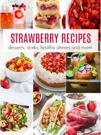 A collage of strawberry recipes including desserts, drinks and more.