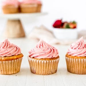 Three strawberry cupcakes