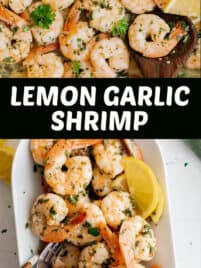 A collage of two lemon garlic shrimp photos.