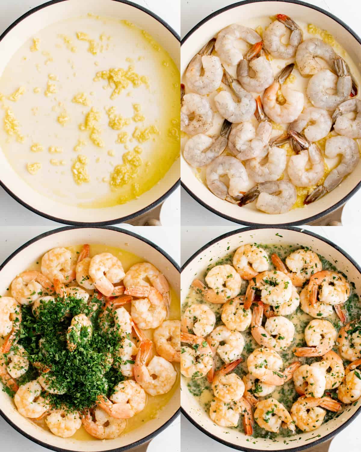 Sauteeing the shrimp in a pan with olive oil, garlic, lemon juice and parsley. 