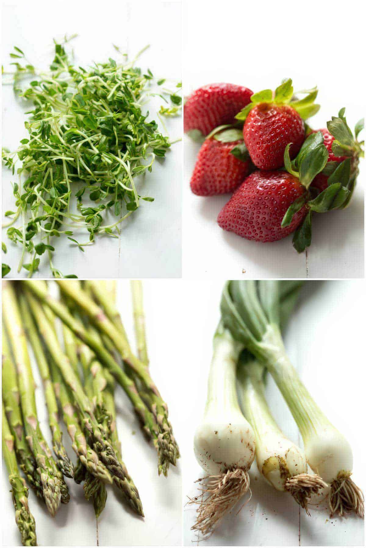 Fresh strawberries, asparagus, and green onions used to make strawberry spinach and asparagus salad.