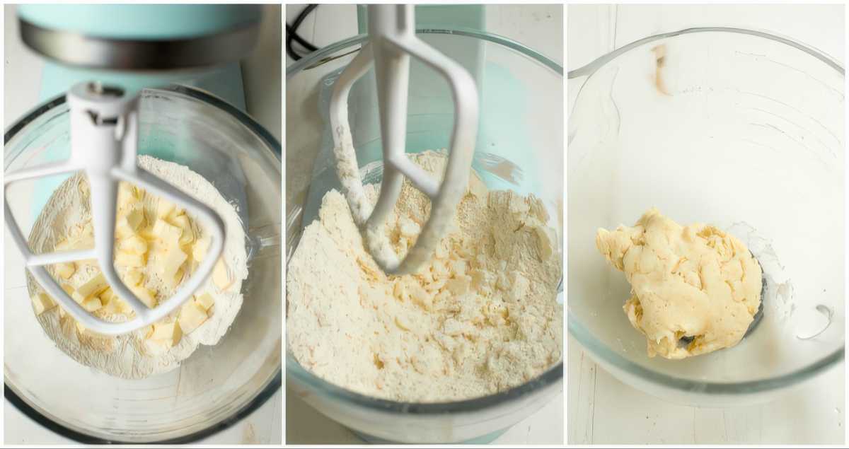 Steps showing how to make crostata dough with flour and butter in a mixer