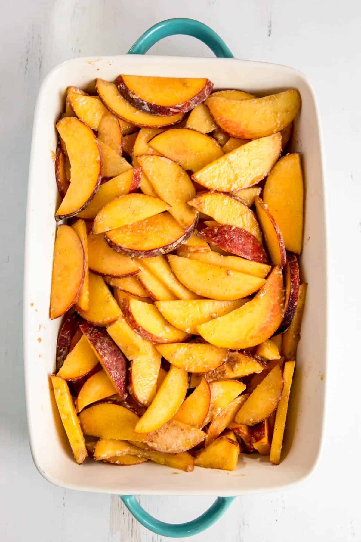 peaches in the baking dish