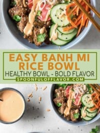 Banh Mi rice bowl with pork, pickled vegetables, cucumber, and spicy mayo drizzle