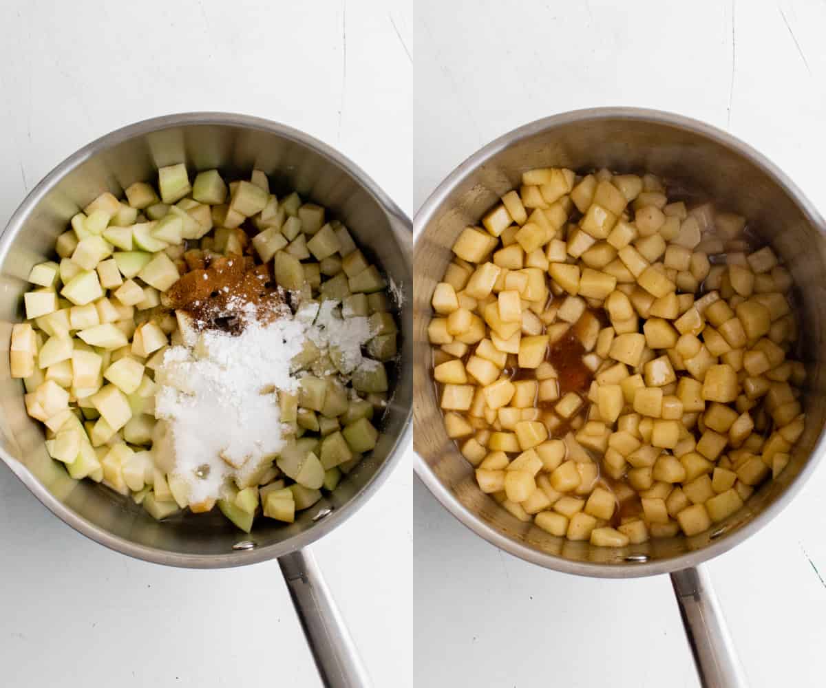 The chopped apples in a pan with the sugar and spices before and after cooking them on the stove.