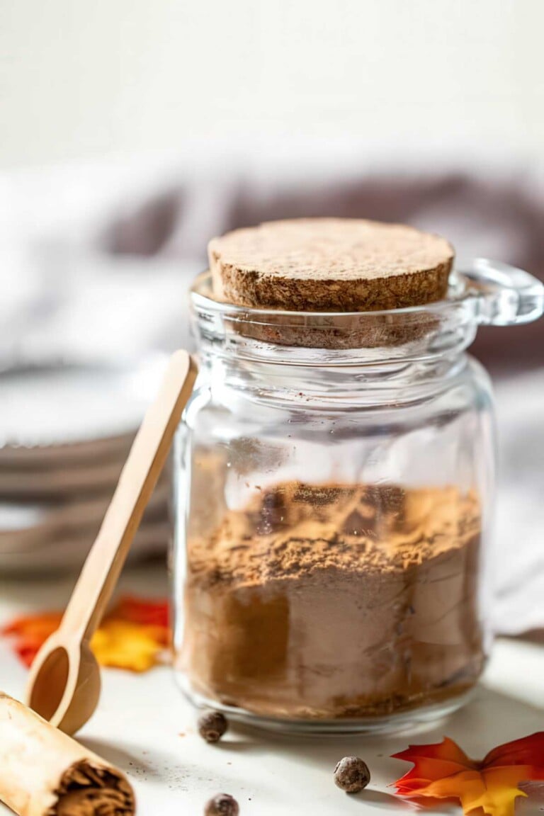 Homemade pumpkin pie spice in a glass jar with a cork lid, a wooden spoon, a cinnamon stick, and whole allspice on a white surface
