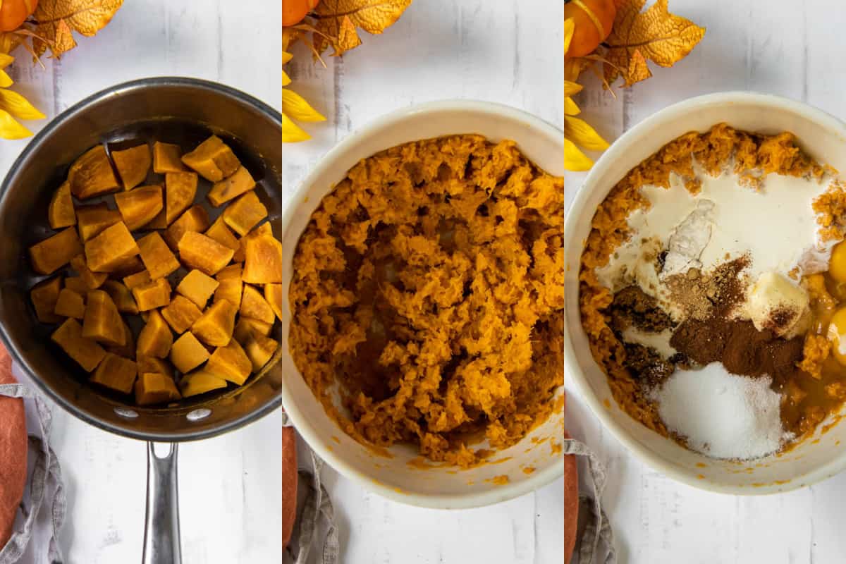 mixing together ingredients for sweet potato pie in a bowl