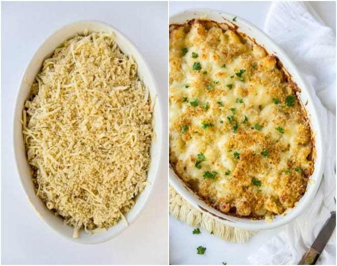 Casserole dish with lobster mac and cheese