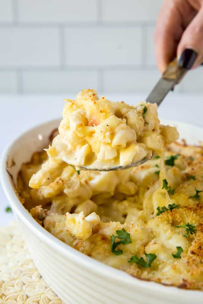 scoop of homemade lobster mac and cheese