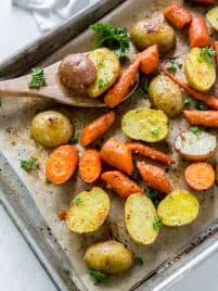 Easy oven roasted potatoes and carrots on a sheet pan