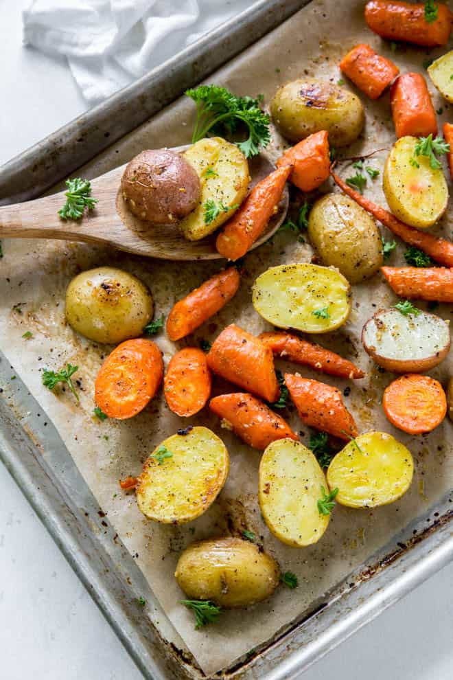 Easy oven roasted potatoes and carrots on a sheet pan