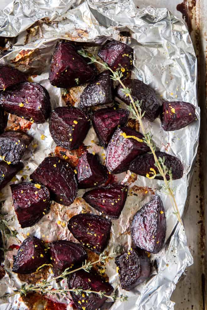 roasted beets on a sheet pan