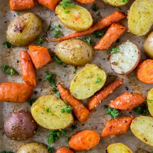 roasted vegetables on a sheet pan