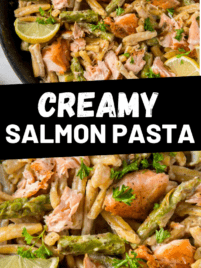 Creamy salmon pasta in a skillet ready for serving.