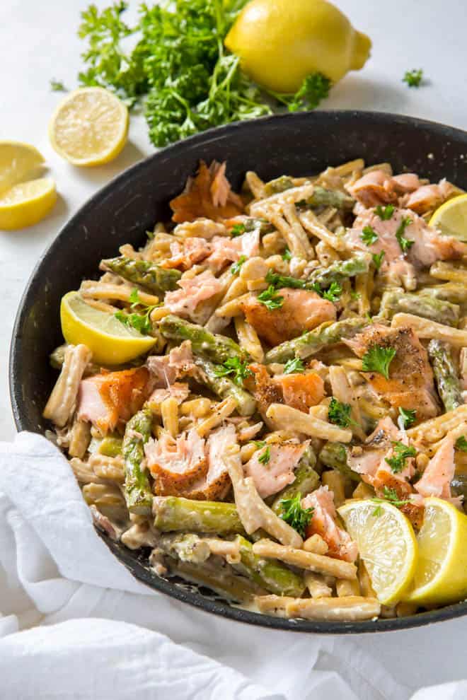 skillet with lemon asparagus pasta with salmon