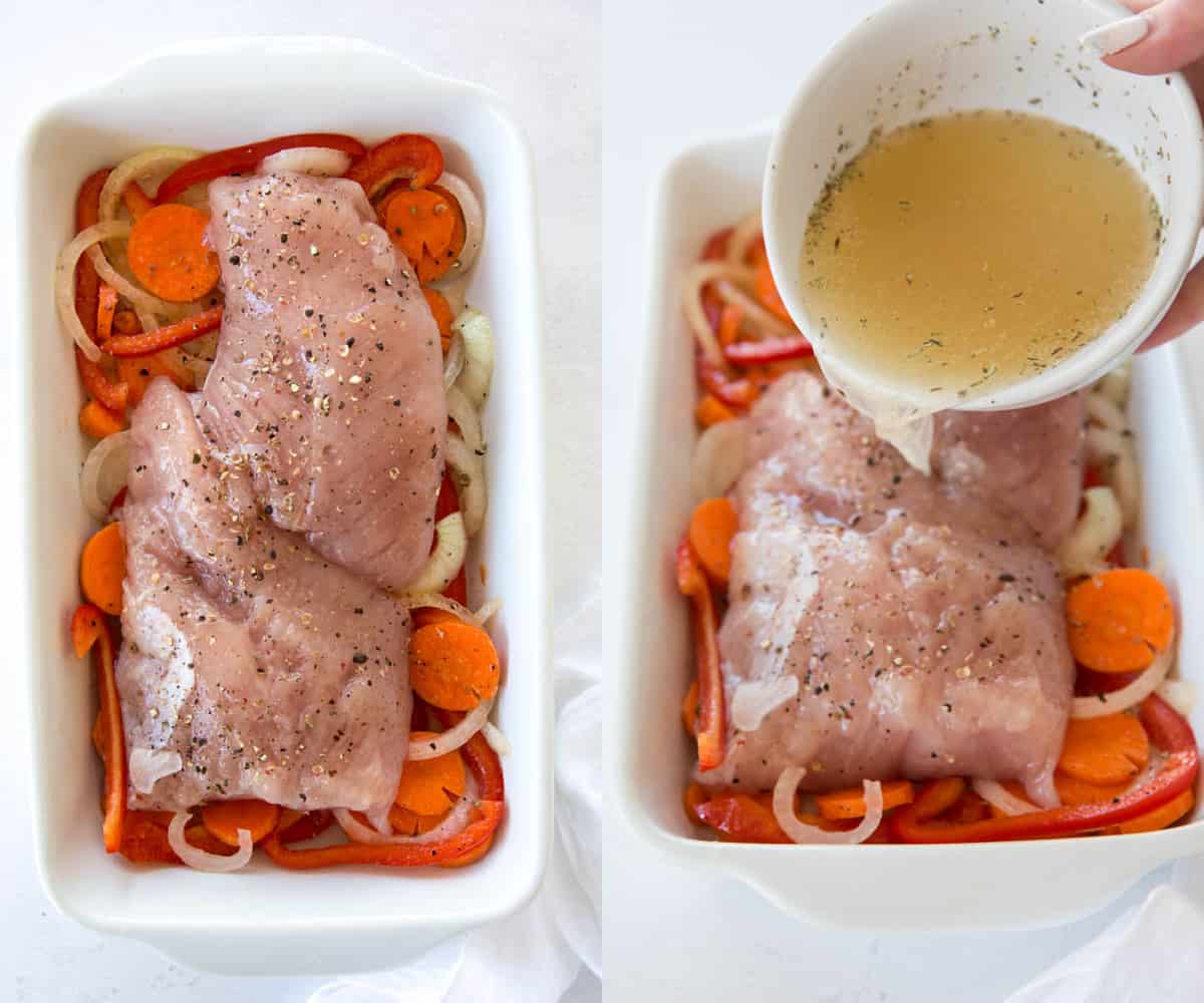 Raw turkey tenderloin sitting over a bed of sliced carrots, peppers and onions with salt and pepper.  The broth and white wine is poured over the top before baking in the oven.