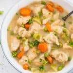 homemade chicken and dumpling soup in a bowl