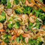 shrimp lo mein in a skillet