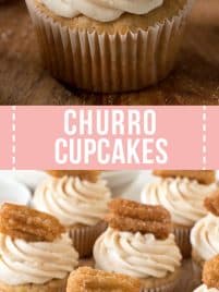 cinnamon vanilla cupcakes topped with cream cheese frosting and churros