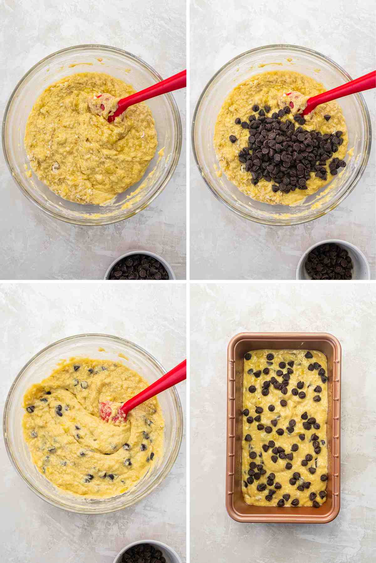 Four-step collage of banana bread batter &mdash; mashed bananas mixed in a glass bowl, chocolate chips folded in, then poured into a loaf pan and topped with more chips before baking.