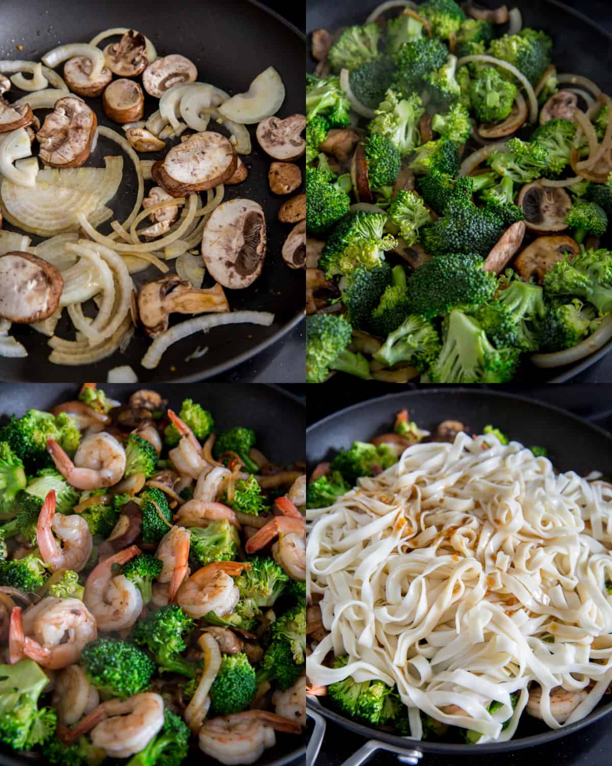 Step by step photos of making shrimp lo mein by sautéing the vegatbles and shrimp in a skillet before adding the cooked lo mein noodles and sauce.
