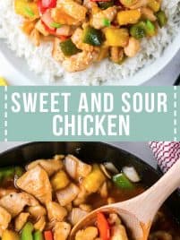 collage with two photos of sweet and sour chicken in a bowl with rice