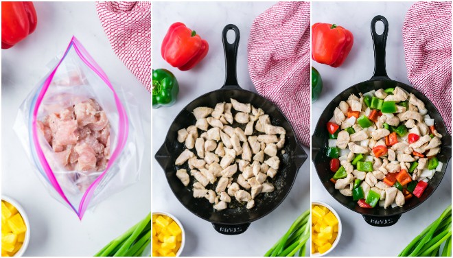 collage of photos with raw chicken, then chicken cooked in a skillet and chicken with red and green bell peppers