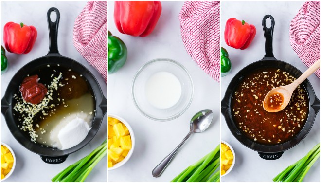 sweet and sour sauce in a dark saucepan with a wooden spoon