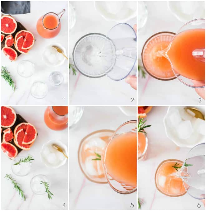 step by step pouring gin and then grapefruit into a glass with ice and fresh rosemary