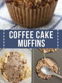 a collage with few process shots for coffee cake muffins plus final photo of baked muffin