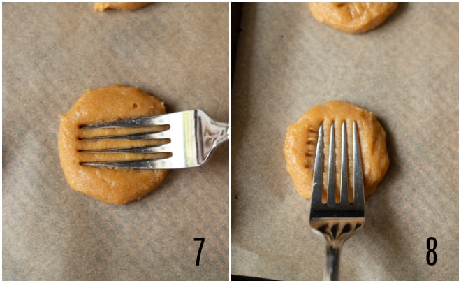 using a fork to press a criss cross pattern into the top of peanut butter cookies