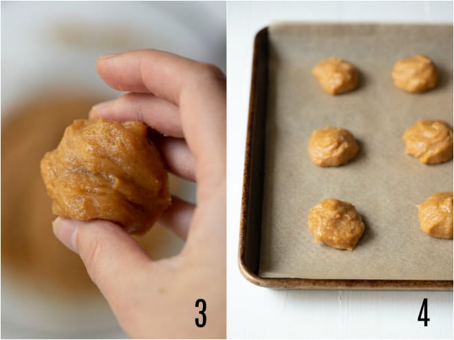rolling peanut butter cookies into a ball and placing on cooking sheet