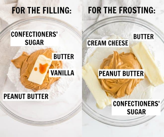 ingredients for the frosting and filling in bowls