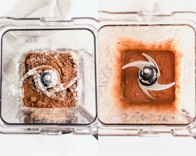 chocolate coconut milk ice cream in a blender before and after blending