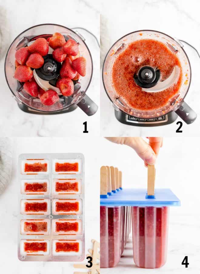 steps to make wine popsicles including processing strawberries in a food processor and pouring mixture into the popsicle mold