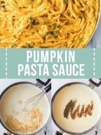pumpkin pasta sauce in a large skillet with pasta noodles
