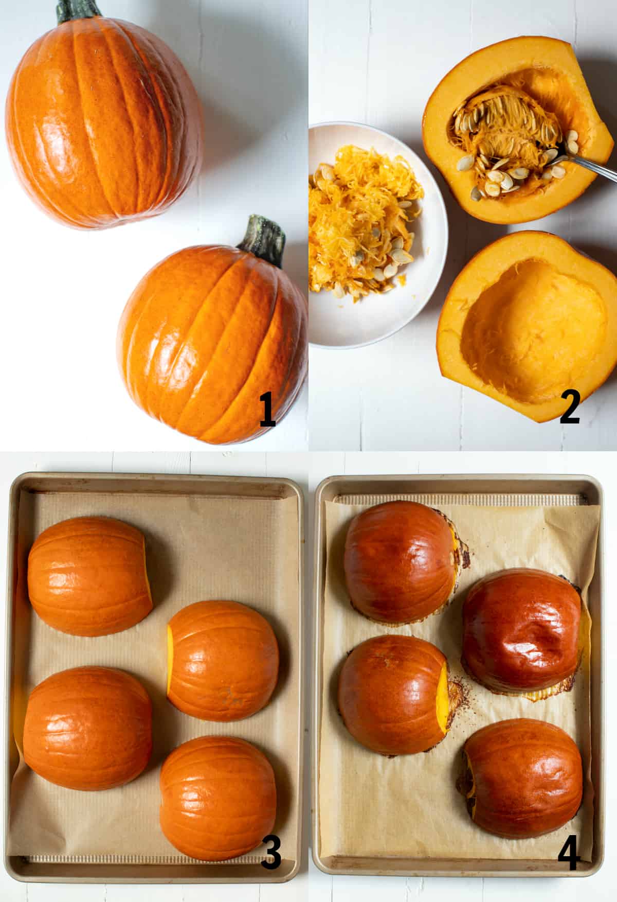 scooping out seeds from a sugar pumpkin to roast in the oven
