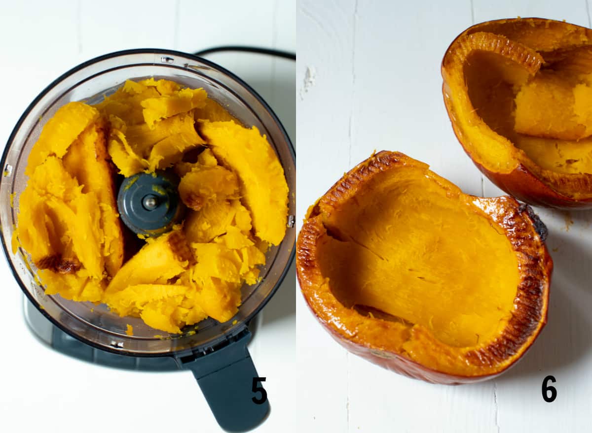 scooping out roasted pumpkin fresh to puree in a food processor