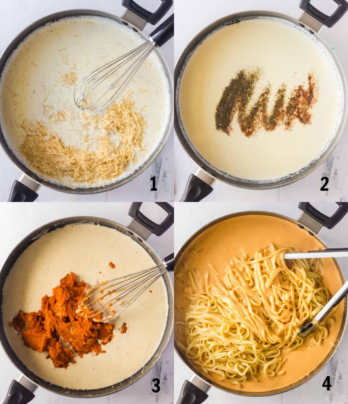 mixing together ingredients fo pasta sauce in a skillet 