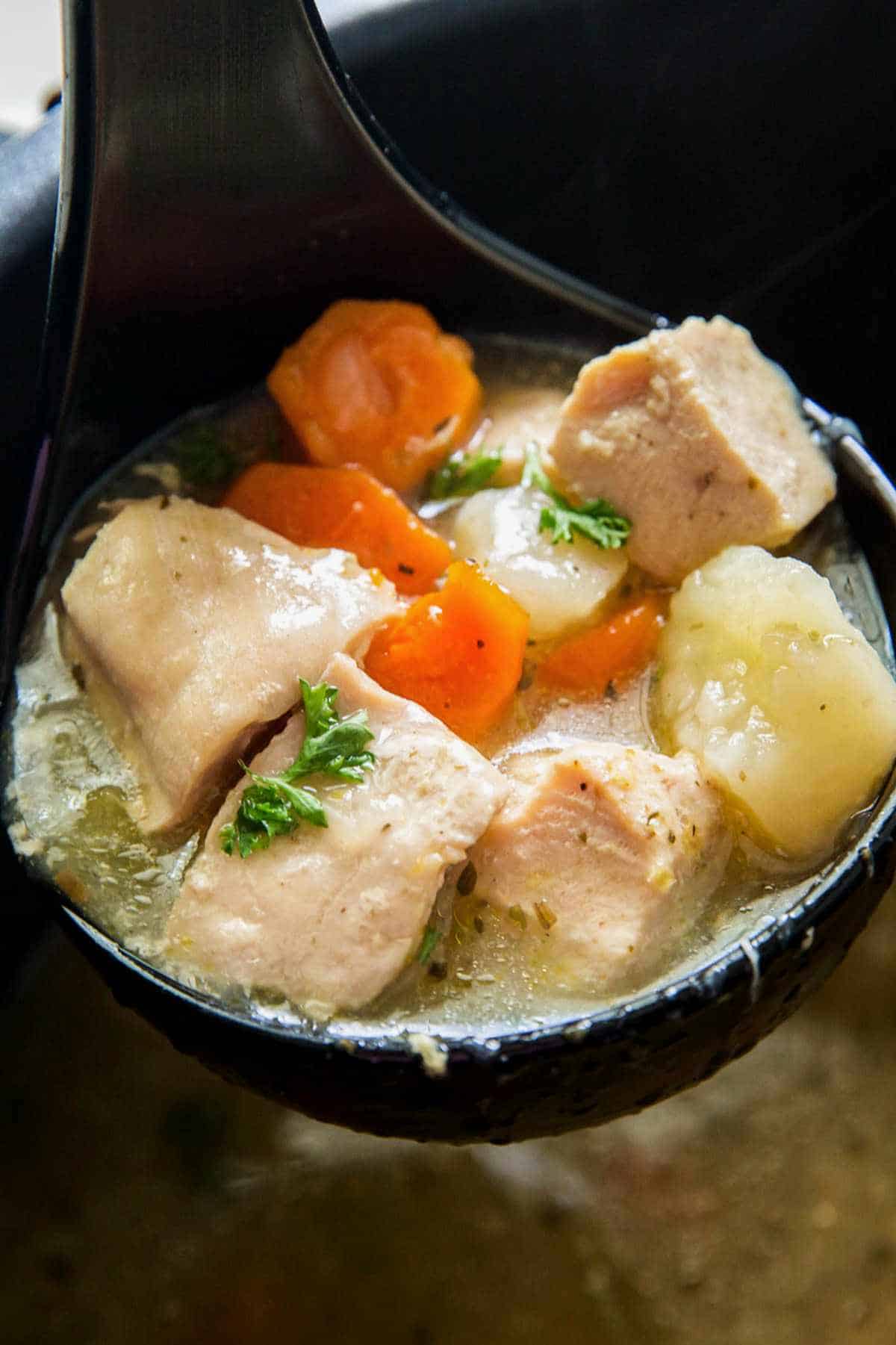 Close-up of a ladle scooping hearty chicken stew with chunks of chicken, potatoes, and carrots.