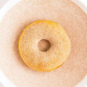 Warm baked pumpkin donut being dipped in a shallow bowl of cinnamon sugar