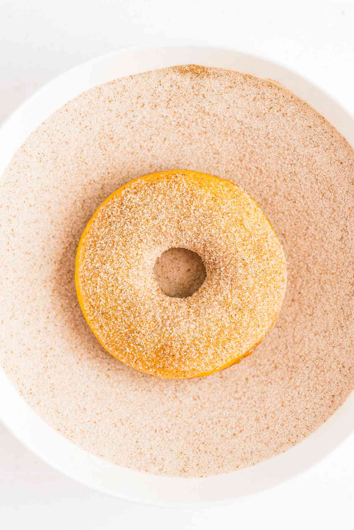 Warm baked pumpkin donut being dipped in a shallow bowl of cinnamon sugar