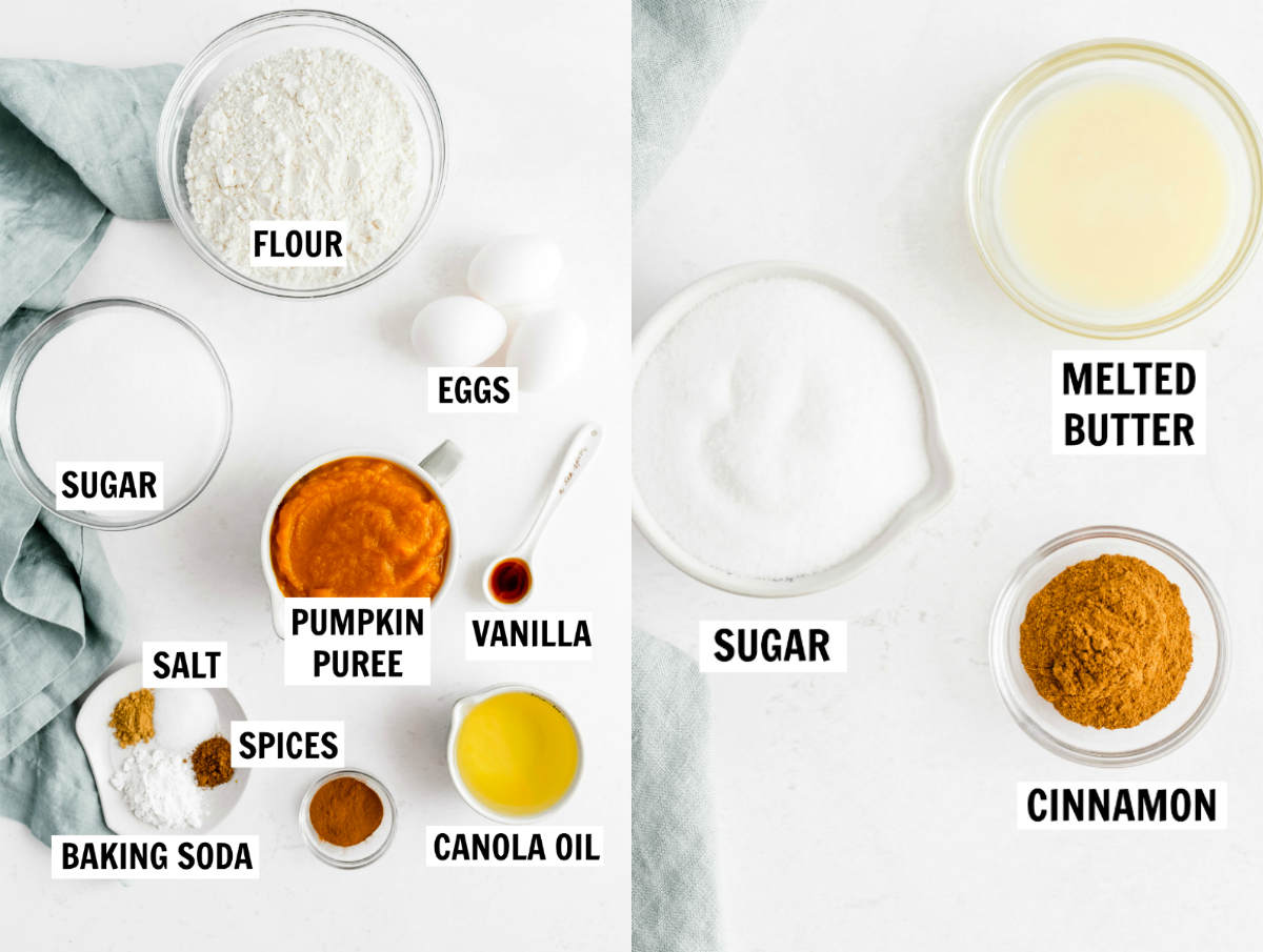 Flour, eggs, sugar, pumpkin puree, oil, vanilla, spices, baking powder, butter and cinnamon for baked pumpkin donuts.