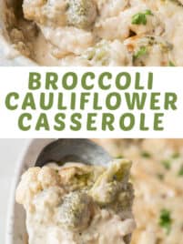 Delicious broccoli cauliflower casserole in a white baking dish after baking.