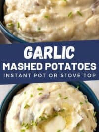 garlic mashed potatoes in a bowl with butter on top