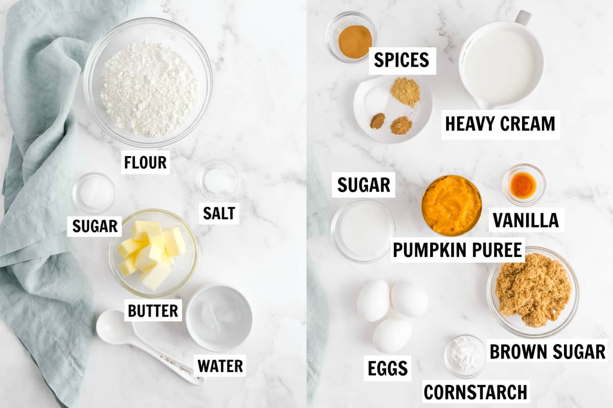 all of the ingredients for pumpkin pie on a white tabletop