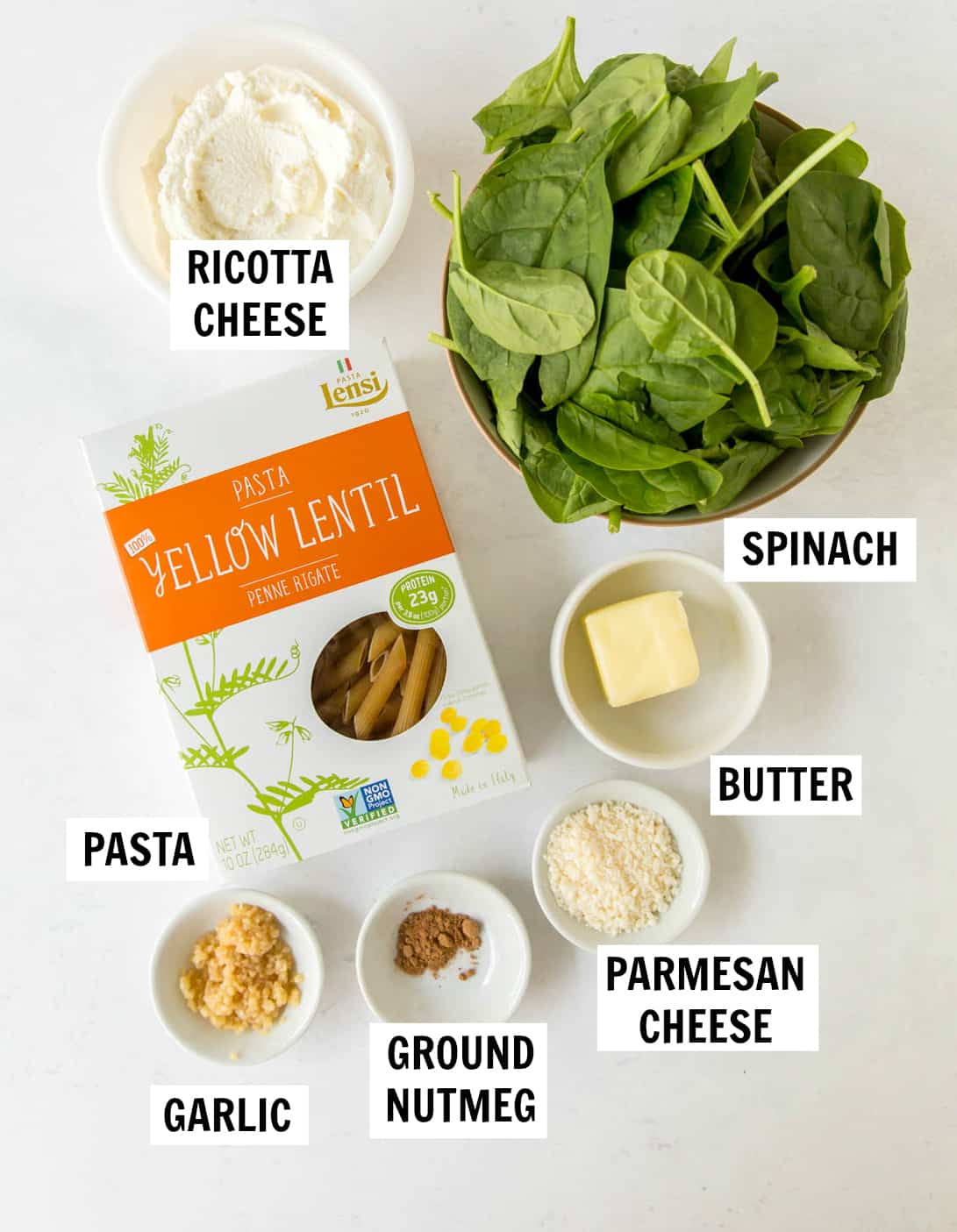 ingredients for spinach and ricotta pasta