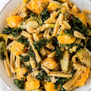 casarecce pasta with brussels sprouts, butternut squash and kale