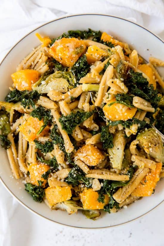 Pasta with Brussels Sprouts, Butternut Squash and Kale