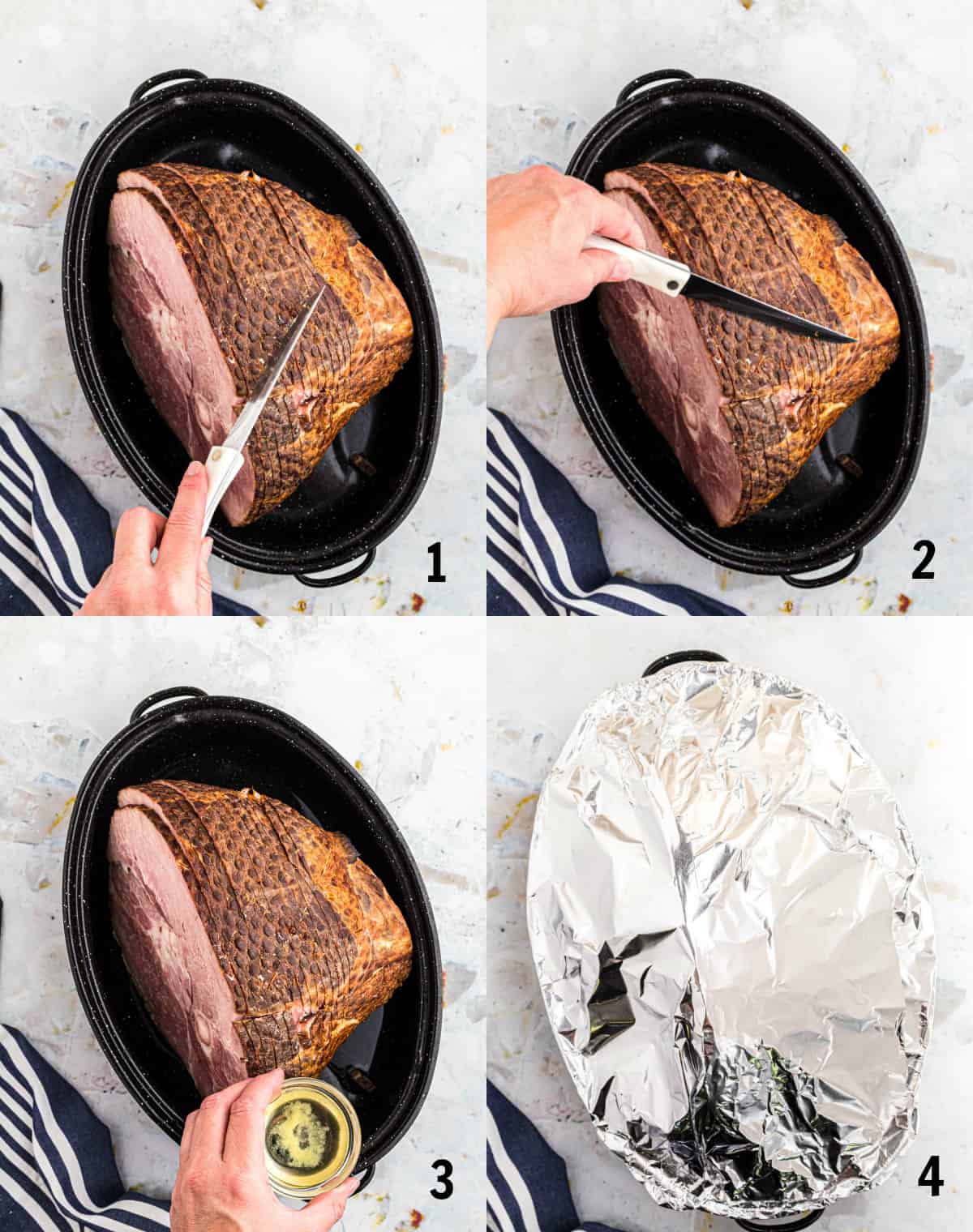adding ingredients to roasting pan with ham